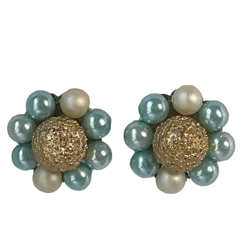 1960s Signed Japan Blue White Plastic & Textured Gold Plate Beaded Clip Earrings